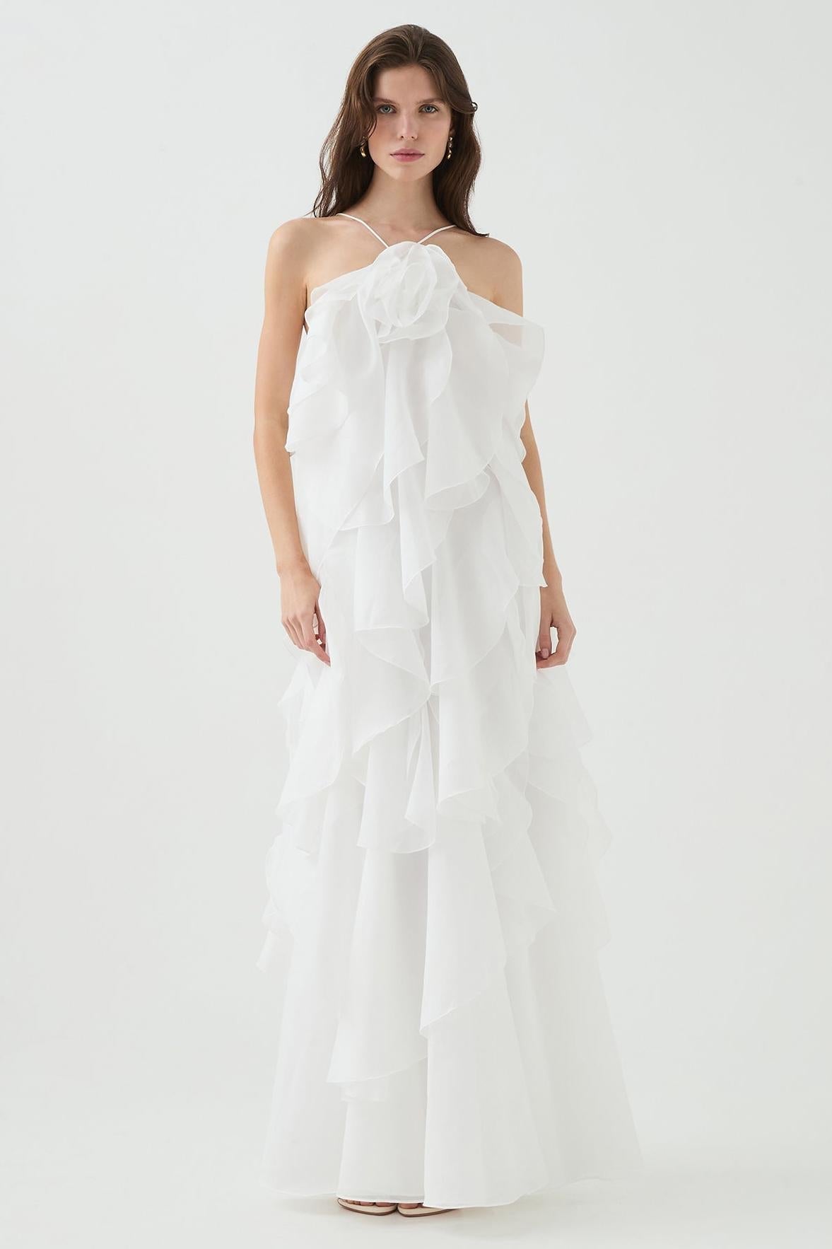 3D Bloem Halter Nek Franje Maxi Jurk