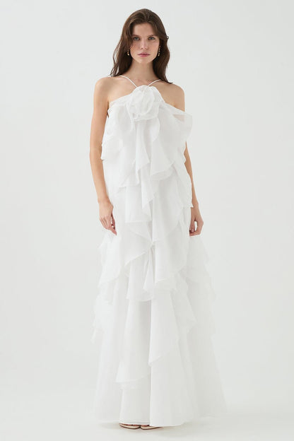 3D Bloem Halter Nek Franje Maxi Jurk