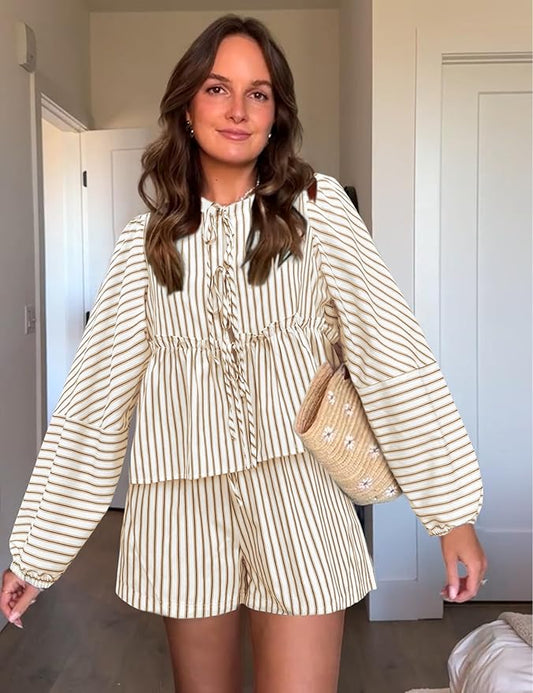 Dames Set Top en Shorts - Losse Pasvorm - Hoge Taille - Gestreept - Boho Stijl
