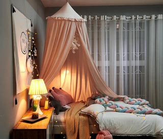 Kinderbedhemel met kwastjes en ruchesdetail - Wit, roze en grijs Lichtroze met ruches