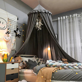 Kinderbedhemel met kwastjes en ruchesdetail - Wit, roze en grijs Grijs met ruches