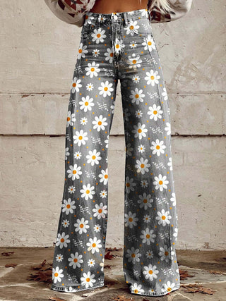 Amore | Kleurrijke vintage viscose broek voor dames met print Witte bloemen