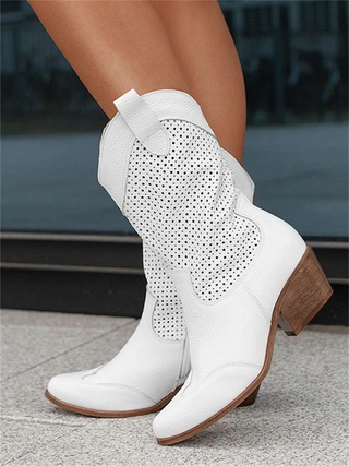 Zahara | Kniehoge cowboylaarzen voor dames – middelhoge hak en geborduurde stiksels Wit