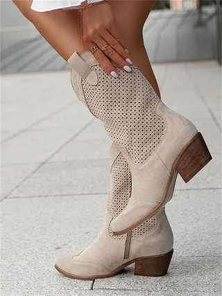 Zahara | Kniehoge cowboylaarzen voor dames – middelhoge hak en geborduurde stiksels Khaki