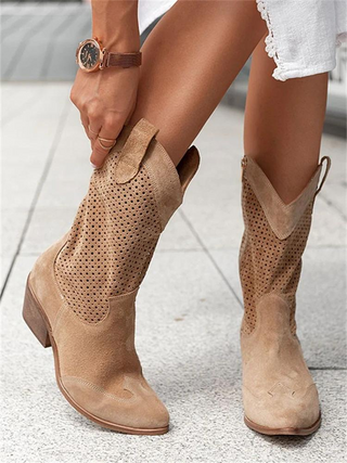 Zahara | Kniehoge cowboylaarzen voor dames – middelhoge hak en geborduurde stiksels Bruin