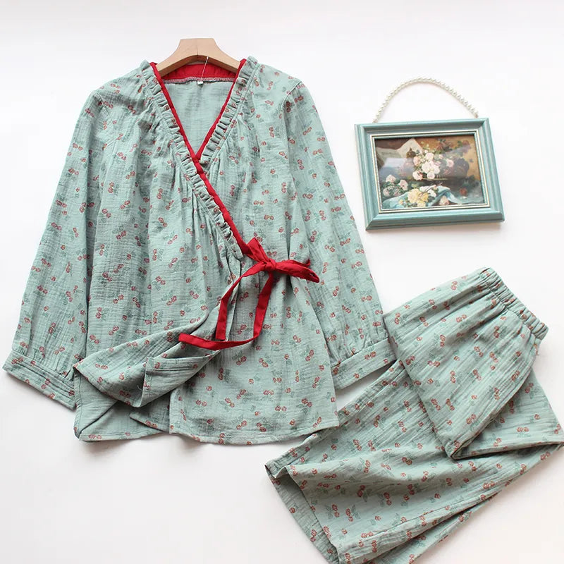 Kimono Plattelandsroos Katoenen Gazen Pyjama Set Blauw Groen