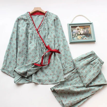 Kimono Plattelandsroos Katoenen Gazen Pyjama Set Blauw Groen