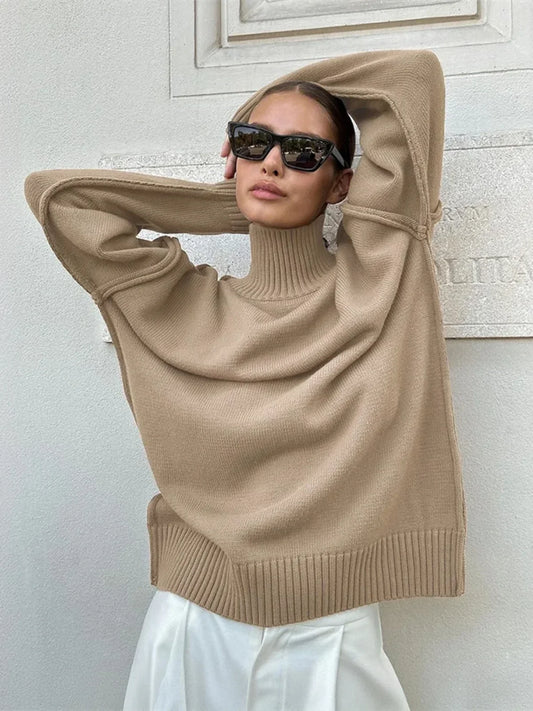 Zachte Gebreide Mock Neck Trui met Verlaagde Schouders sweater SEREIN Beige S