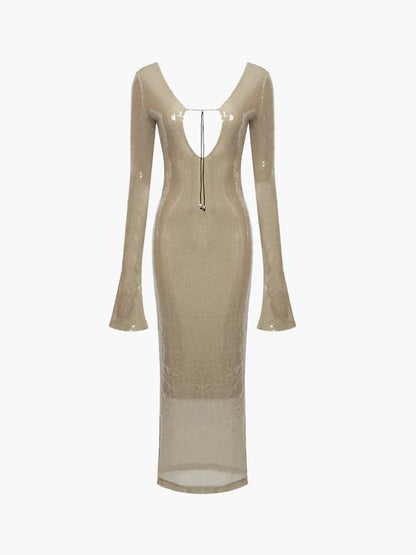 Langmouwige Doorzichtige Nude Pailletten Bodycon Jurk