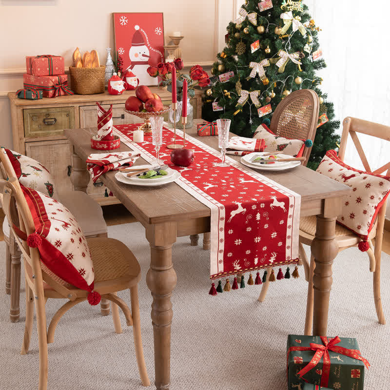 Kerst Tafelloper Met Kwastjes Voor Feestelijk Tafeldecor Tafelloper Rood & beige