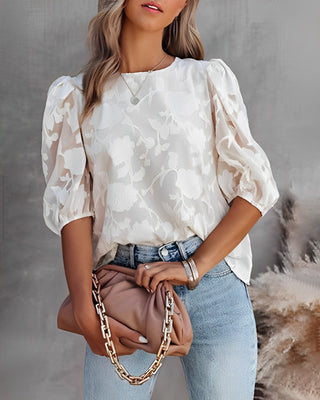 Flōre | Elegante blouse met pofmouwen van chiffon – Top & Getailleerde Minimalistische Volume Blouse Wit