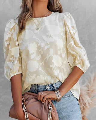 Flōre | Elegante blouse met pofmouwen van chiffon – Top & Getailleerde Minimalistische Volume Blouse Abrikoos