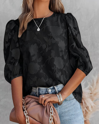 Flōre | Elegante blouse met pofmouwen van chiffon – Top & Getailleerde Minimalistische Volume Blouse Zwart
