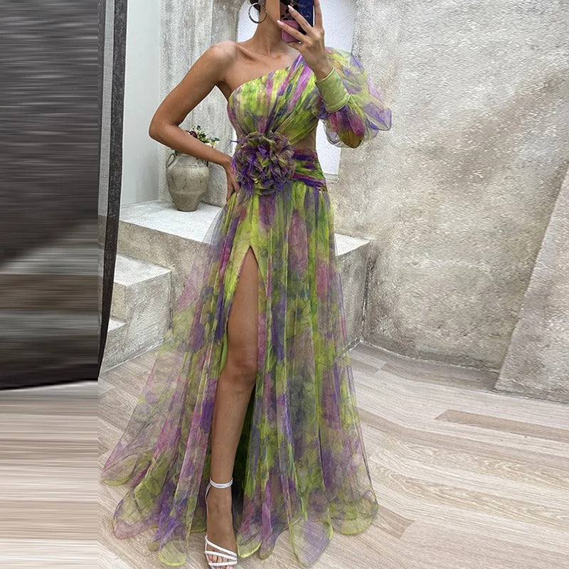 Dames Partykleed Schoudervrij Met Print Elegante Casual Groen