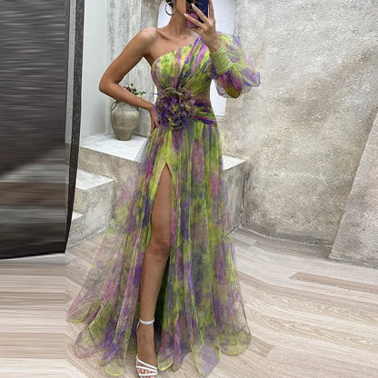 Dames Partykleed Schoudervrij Met Print Elegante Casual Groen