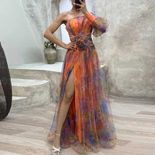 Dames Partykleed Schoudervrij Met Print Elegante Casual