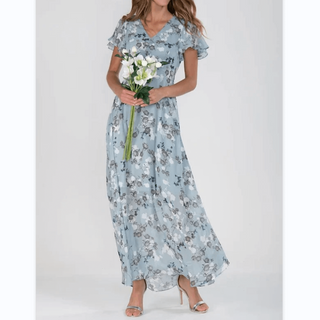 Nara | Lange maxi-jurk voor dames – Romantische bloemenprint, diepe V-hals en zomerse elegantie