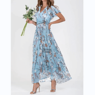 Nara | Lange maxi-jurk voor dames – Romantische bloemenprint, diepe V-hals en zomerse elegantie