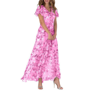 Nara | Lange maxi-jurk voor dames – Romantische bloemenprint, diepe V-hals en zomerse elegantie roze