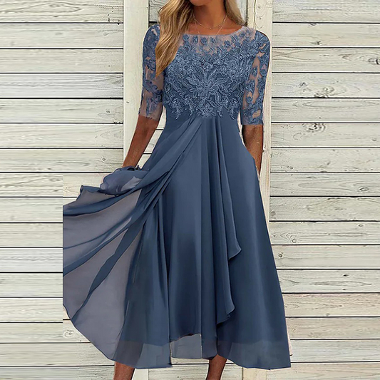 Dames Kant Feestjurk Met Luxe Afwerking En Elegant Design Donkerblauw
