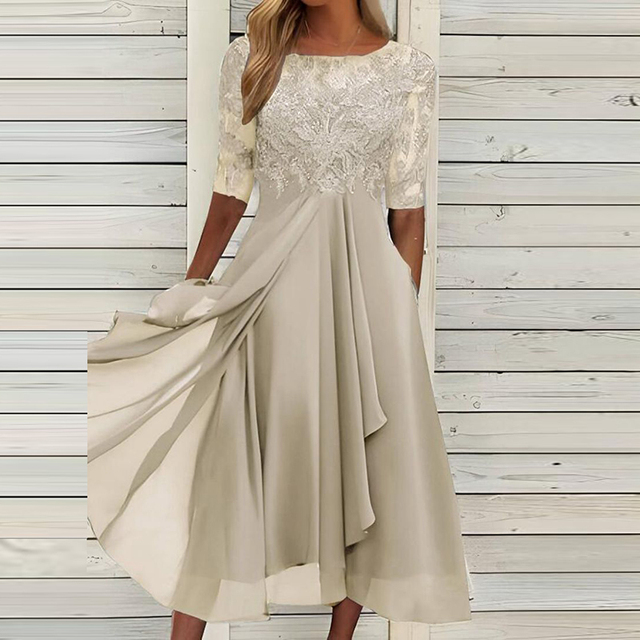 Dames Kant Feestjurk Met Luxe Afwerking En Elegant Design Beige