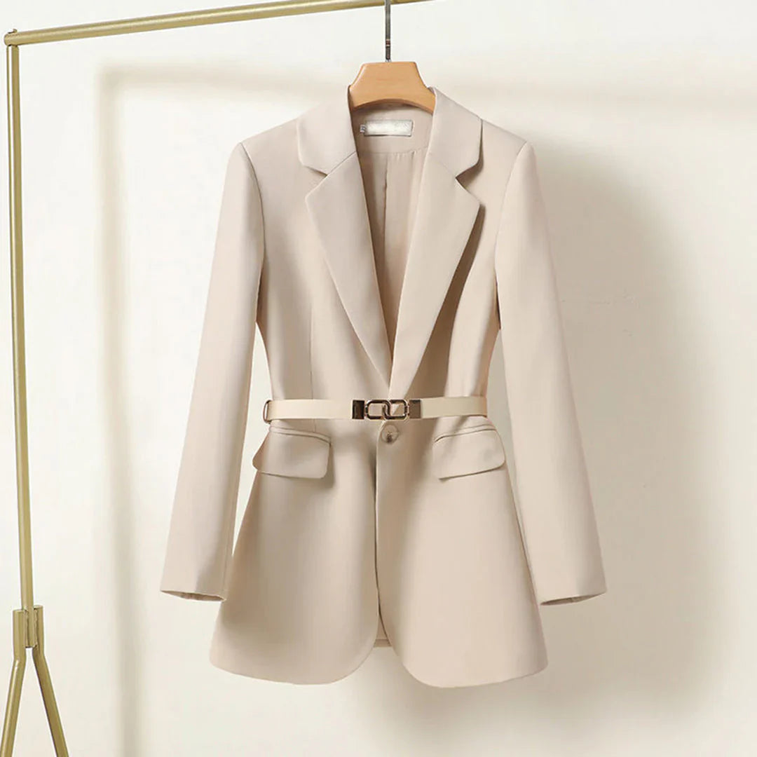 Nola Elegante Lange Blazer Met Riem Voor Dames Beige