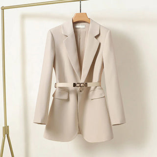 Nola Elegante Lange Blazer Met Riem Voor Dames Beige