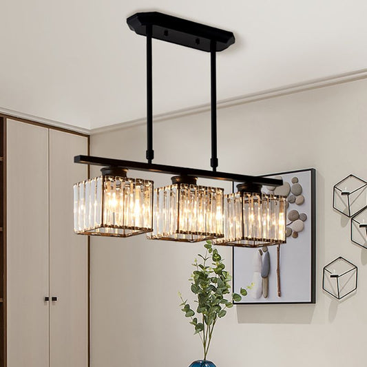 Nordic Multi Head Lange Glazen Eilandlamp Voor Keuken Zwart Vierkant 3 lampen D60*H70CM