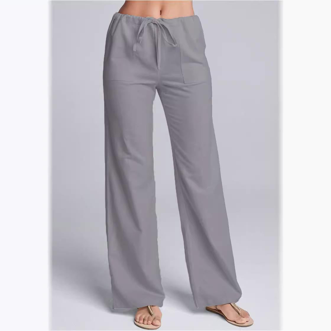 Dames Casual Broek Katoen Linnen Losse Pasvorm Trekkoord Grijs