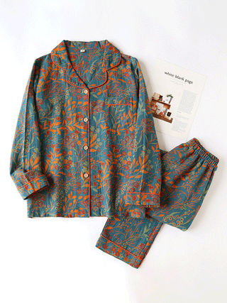 Luna Elegante Bloemenprint Pyjama Set voor Dames Nachtkleding Blauw