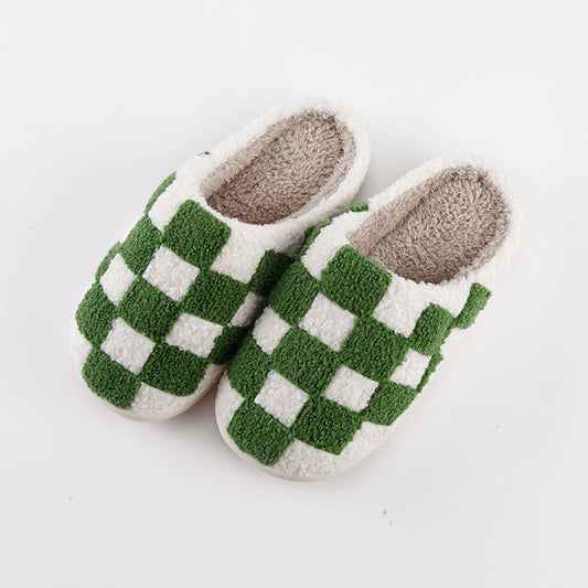 Slippers Binnenfleece Dambord Warm Pantoffels Sloffen Groen