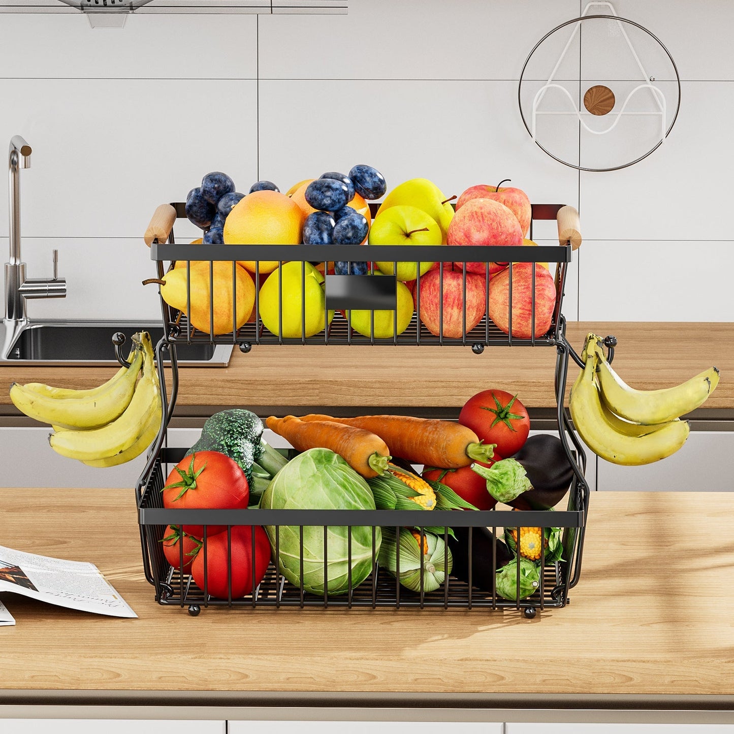Keuken Organizer 2-Laags van Duurzaam Metaal met Houten Handgrepen – Keukenkast Organizer voor Groenten en Fruit Keukenopslag en organisatie SEREIN