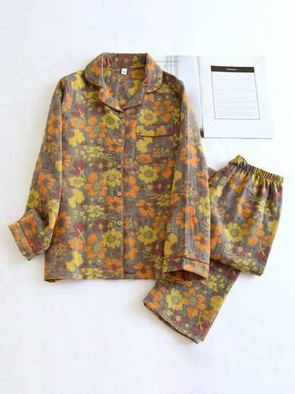 Vintage Bloemenprint Crepe Pyjama Set - 2-delig voor Dames Gouden Bosgroen