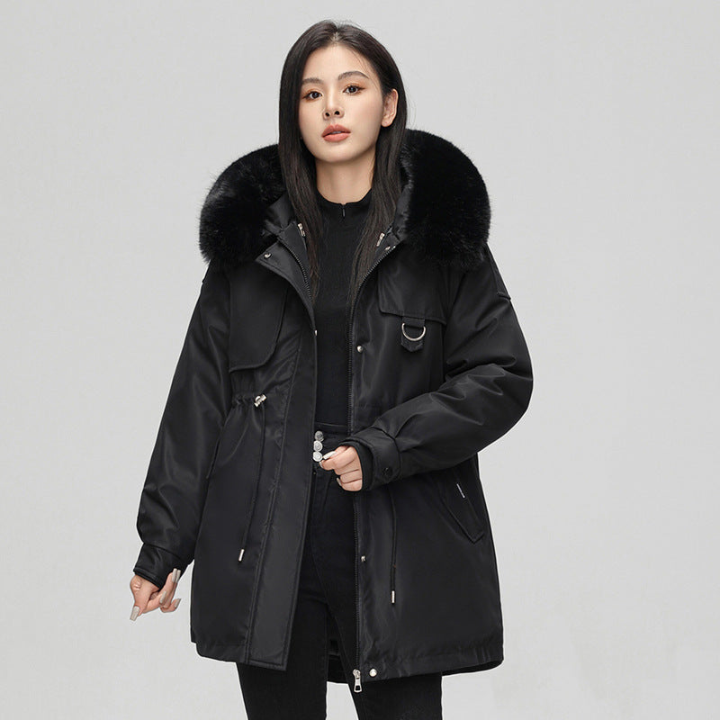 Parka Winterjas Dames Oversized Pasvorm Weerbestendig Met Nepbont Zwart