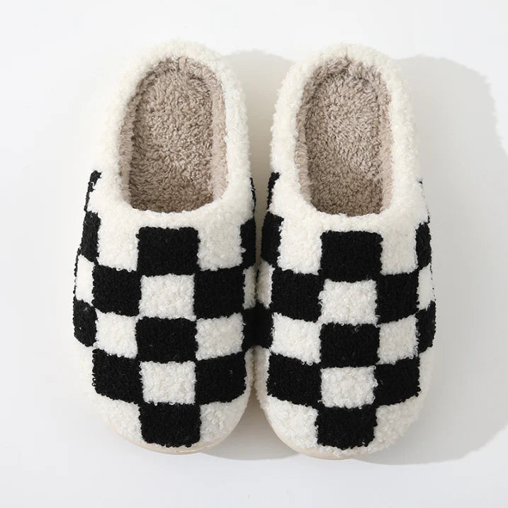 Slippers Binnenfleece Dambord Warm Pantoffels Sloffen Zwart