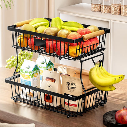 Keuken Organizer 2-Laags van Duurzaam Metaal met Houten Handgrepen – Keukenkast Organizer voor Groenten en Fruit Keukenopslag en organisatie SEREIN