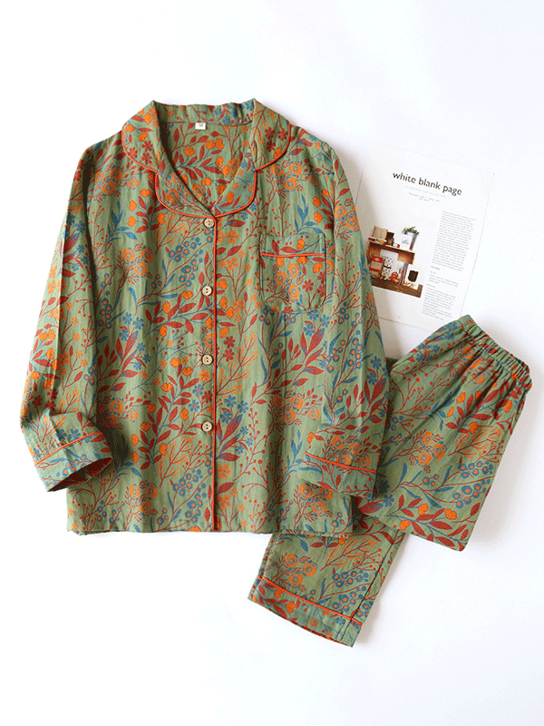 Luna Elegante Bloemenprint Pyjama Set voor Dames Nachtkleding Groen