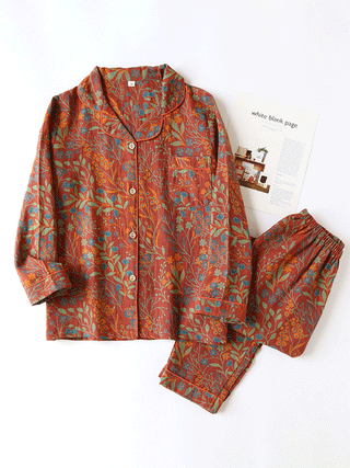 Luna Elegante Bloemenprint Pyjama Set voor Dames Nachtkleding Rood