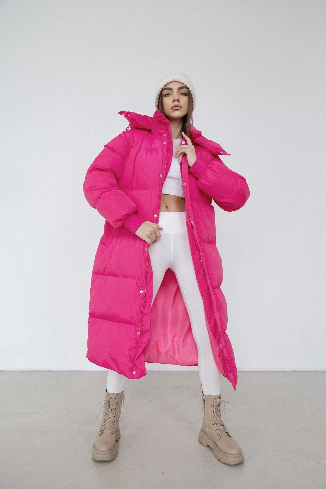 Lange Gewatteerde Trenchcoat Oversized Met Capuchon Rits Roze