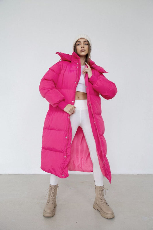 Lange Gewatteerde Trenchcoat Oversized Met Capuchon Rits Roze