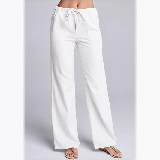 Dames Casual Broek Katoen Linnen Losse Pasvorm Trekkoord Wit