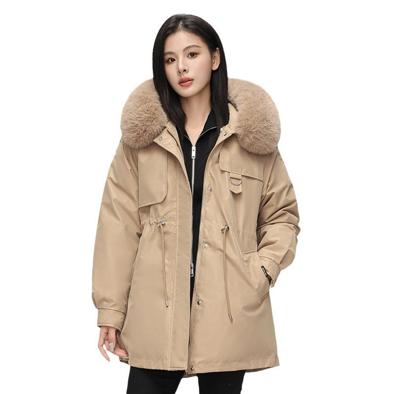 Parka Winterjas Dames Oversized Pasvorm Weerbestendig Met Nepbont Khaki