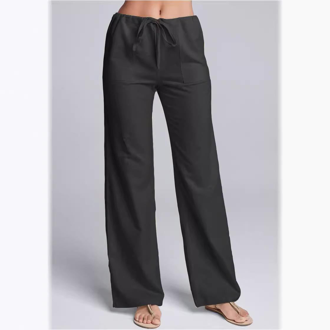 Dames Casual Broek Katoen Linnen Losse Pasvorm Trekkoord Zwart