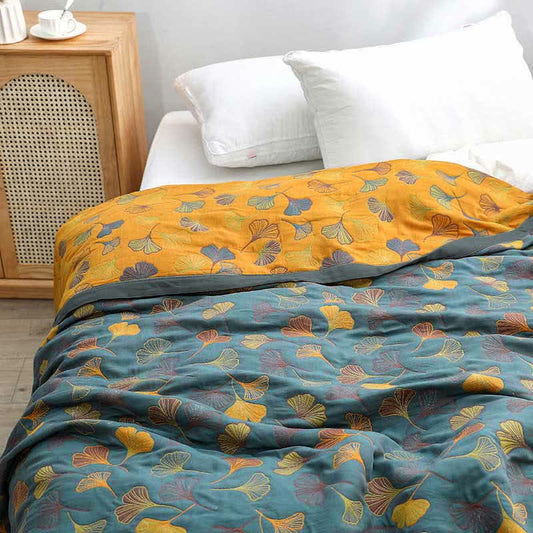 Omkeerbare Katoenen Quilt Met Ginkgobladpatroon Slaapkamer Blauwgrijs & Oranje Quilt