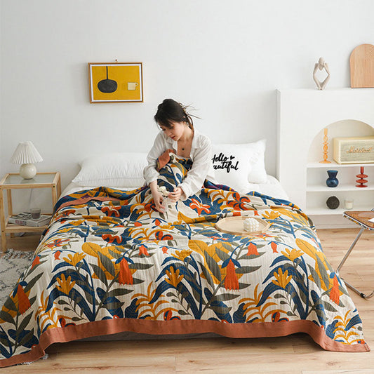 Omkeerbare Katoenen Quilt Met Gouden Bloemenprint Zoals afbeelding