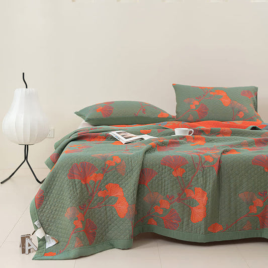 Omkeerbare Katoenen Quilt Met Oranje Ginkgobladeren Groen & Oranje Quilt