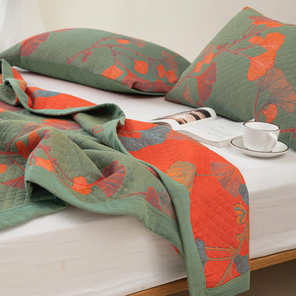 Omkeerbare Katoenen Quilt Met Oranje Ginkgobladeren
