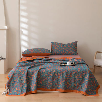 Omkeerbare Katoenen Quilt Met Pastoraal Ginkgobladpatroon Blauw & Oranje