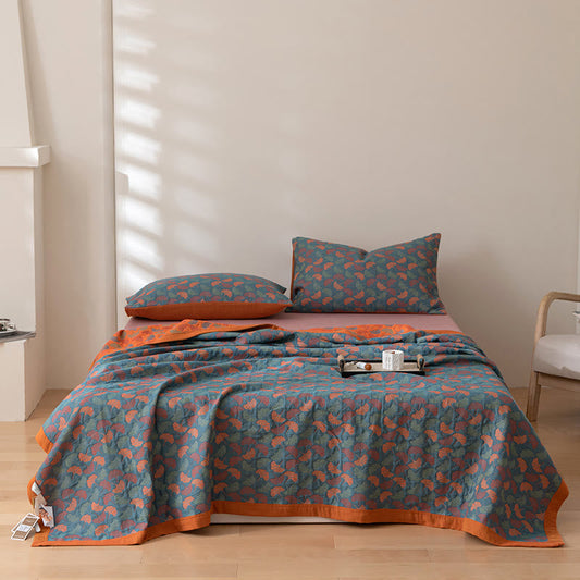 Omkeerbare Katoenen Quilt Met Pastoraal Ginkgobladpatroon Blauw & Oranje