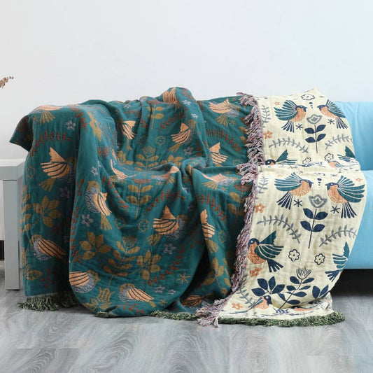 Boho Deken Met Vogel En Bloemenpatroon Omkeerbaar Katoen Blauwgroen
